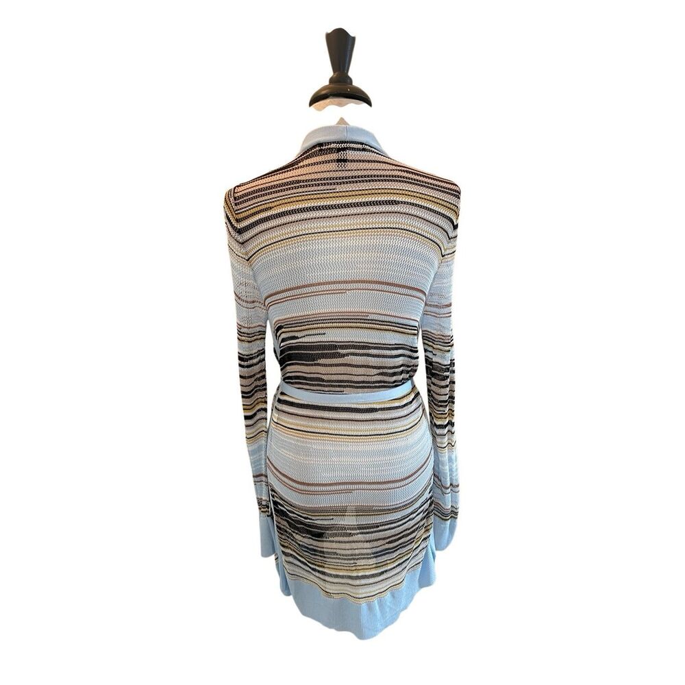 White House Black Market Women's Striped Belted Duster Cardigan Blue Tan Small - Picture 4 of 6